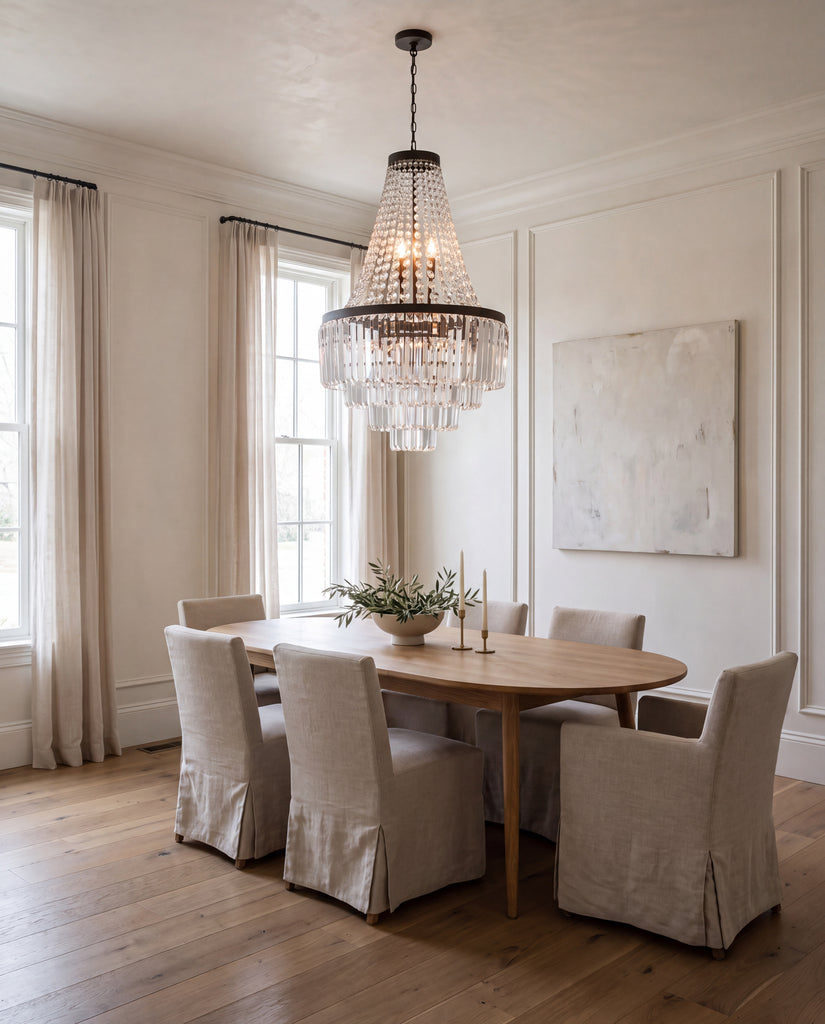 Inspired Odeon Style crystal glass fringe 4-tier chandelier shown installed in a room