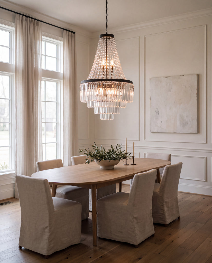 Inspired Odeon Style crystal glass fringe 4-tier chandelier shown installed in a room
