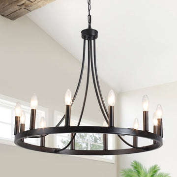 Hendon 12-Light Large Farmhouse Wagon Wheel Chandelier Candle Style Rustic Round Lights Fixture for Kitchen Island Living Room Foyer Entryway