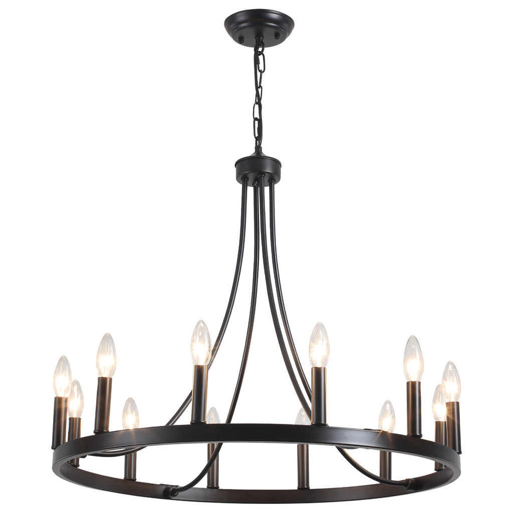 Hendon 12-Light Large Farmhouse Wagon Wheel Chandelier Candle Style Rustic Round Lights Fixture for Kitchen Island Living Room Foyer Entryway