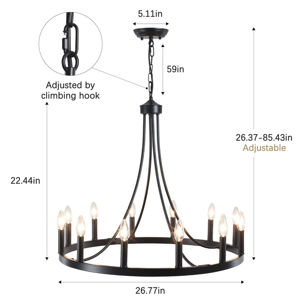 Hendon 12-Light Large Farmhouse Wagon Wheel Chandelier Candle Style Rustic Round Lights Fixture for Kitchen Island Living Room Foyer Entryway