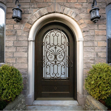 81-Inch Arched Wrought Iron Entry Door — Ivy Crest Botanical Scrollwork, Single Door, Antique Bronze, Insulated Tempered Glass