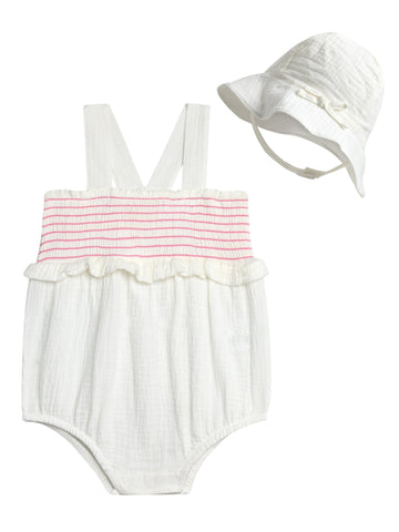 Baby Girls' Smocked Cotton Romper with Sun Hat Set, 2-Piece