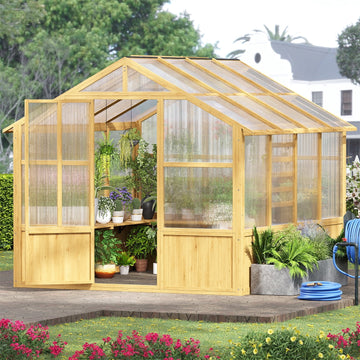 8x8 FT Outdoor Wooden Walk-In Greenhouse, Heavy Duty Cedar Frame with Polycarbonate Panels & Adjustable Roof Vents