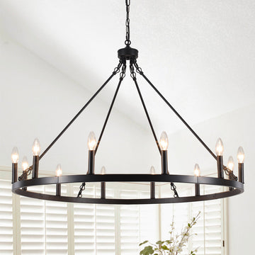 Moomal 12-Light Farmhouse Candle Dimmable Wagon Wheel Chandelier for Living Room Kitchen Island Dining Foyer