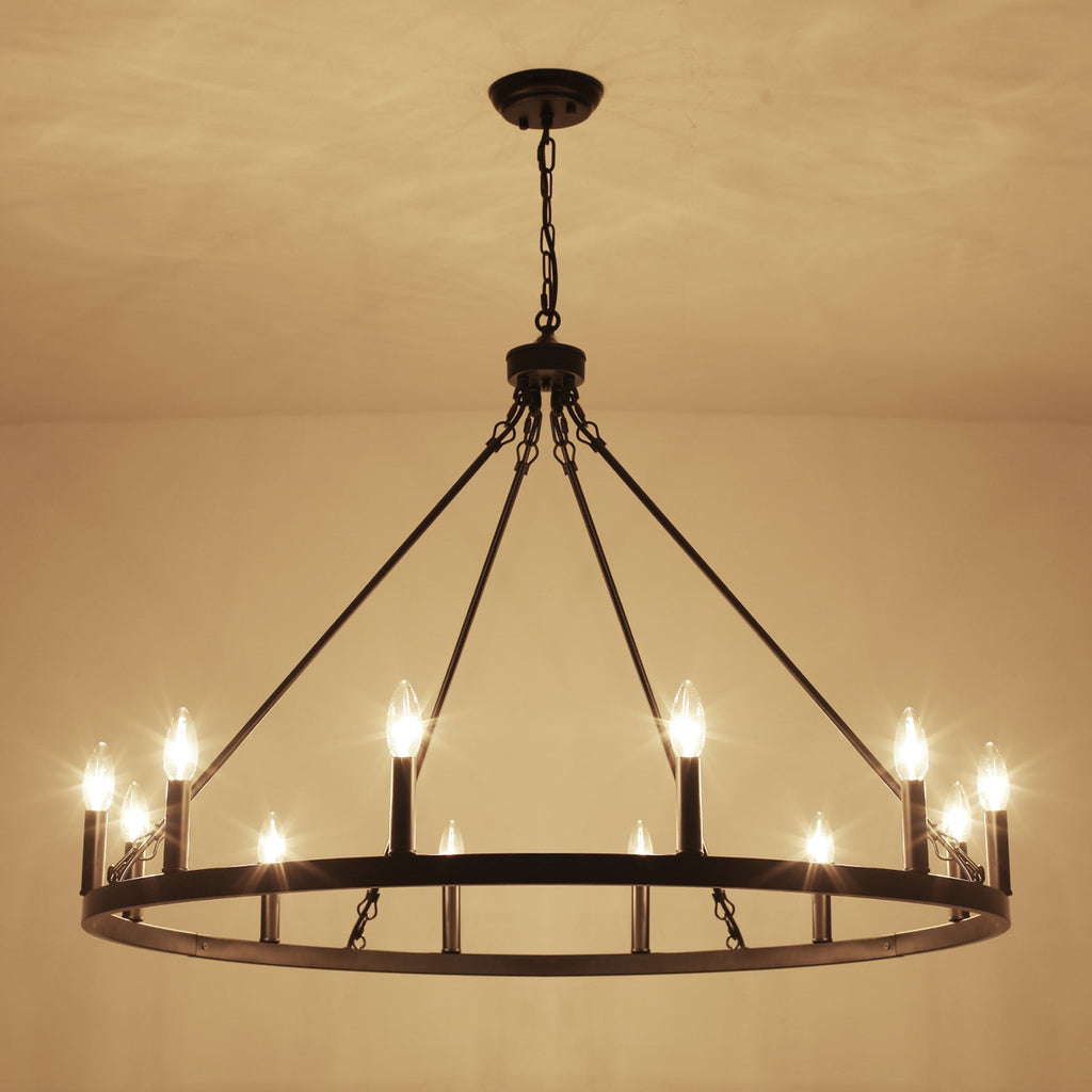 Moomal 12-Light Farmhouse Candle Dimmable Wagon Wheel Chandelier for Living Room Kitchen Island Dining Foyer