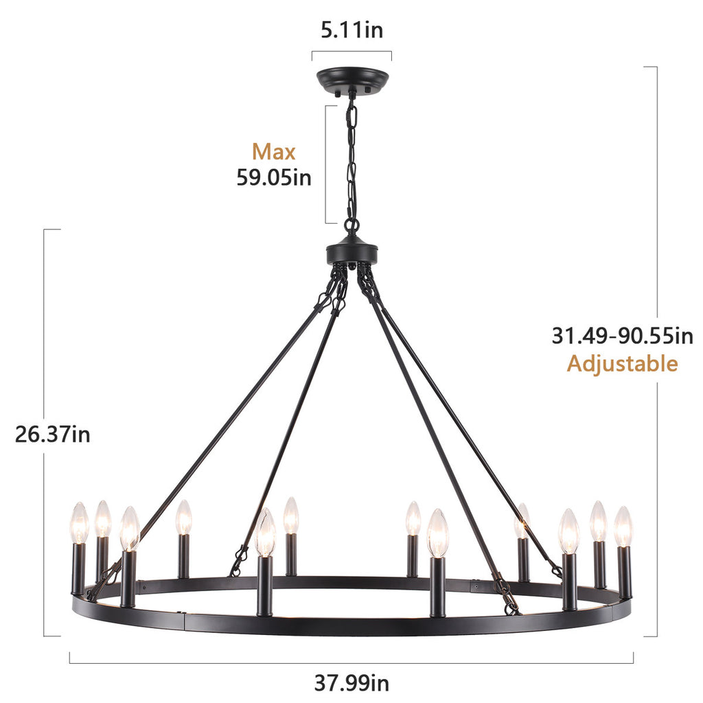 Moomal 12-Light Farmhouse Candle Dimmable Wagon Wheel Chandelier for Living Room Kitchen Island Dining Foyer