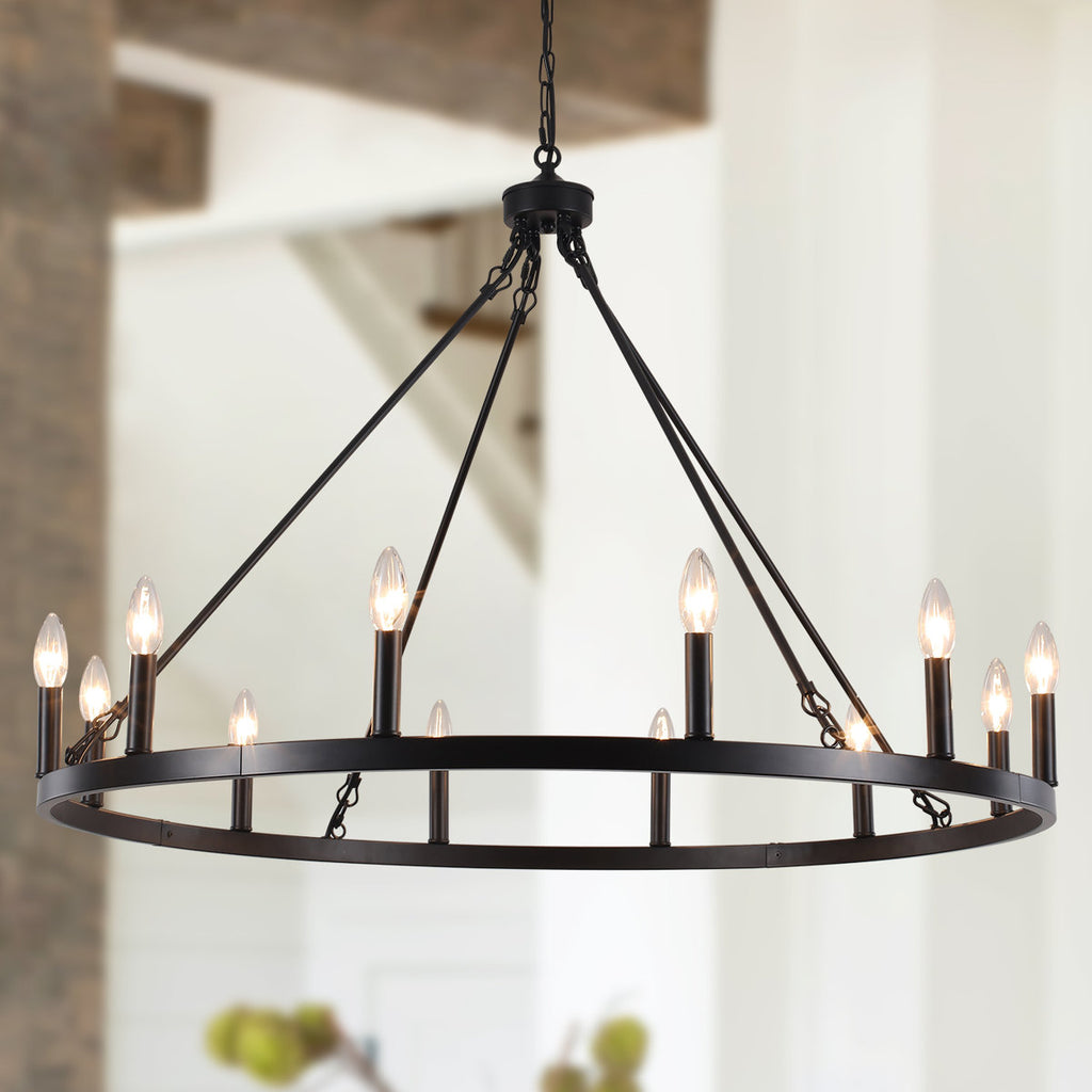 Moomal 12-Light Farmhouse Candle Dimmable Wagon Wheel Chandelier for Living Room Kitchen Island Dining Foyer