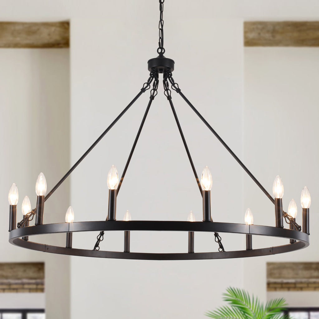 Moomal 12-Light Farmhouse Candle Dimmable Wagon Wheel Chandelier for Living Room Kitchen Island Dining Foyer