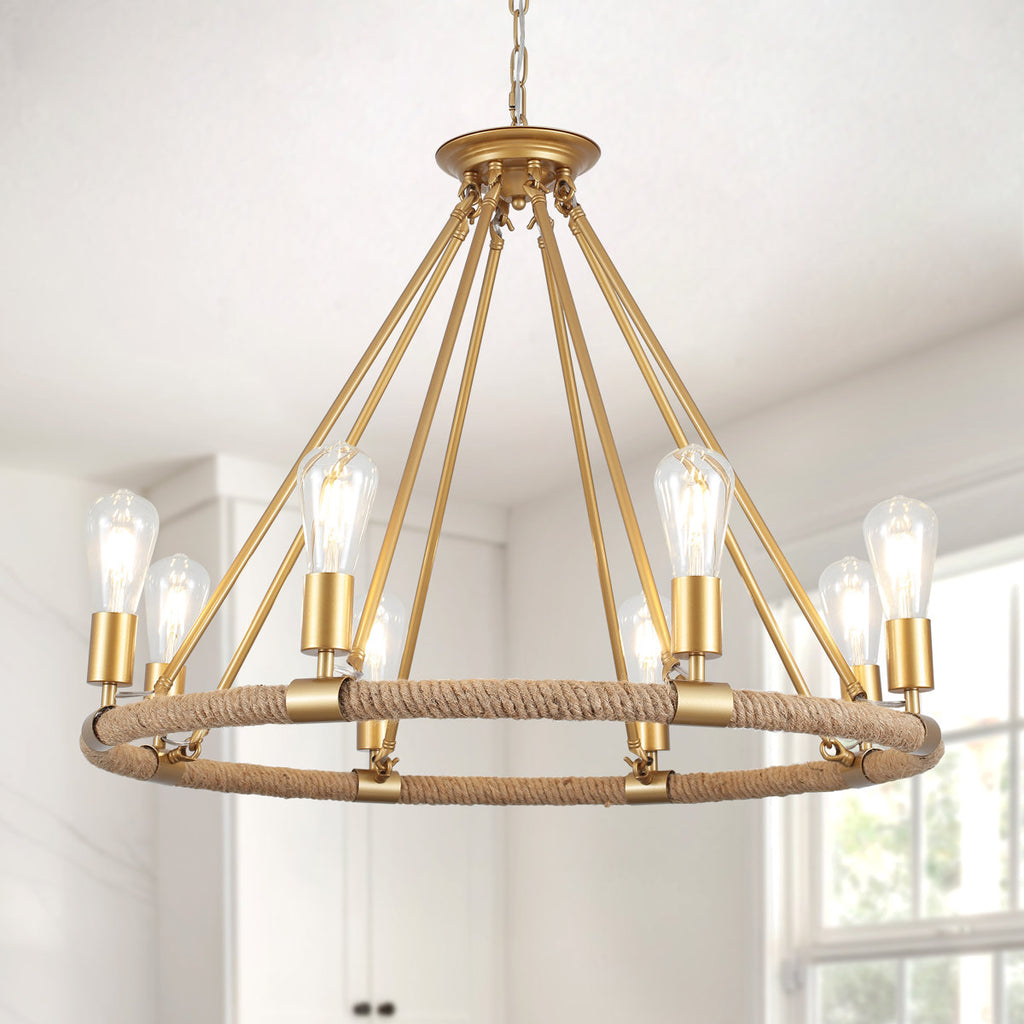 Orris 8-Light 30"W Dimmable Farmhouse Wagon Wheel Chandelier Rustic Rope Round Fixture for Dining Living Kitchen Island Spaces