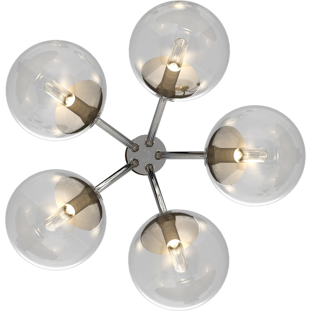 V2125 Clover 5-Light Indoor Chrome French-Inspired Hanging Chandelier with Clear Round/Sphere/Orb/Globe Glass Shades