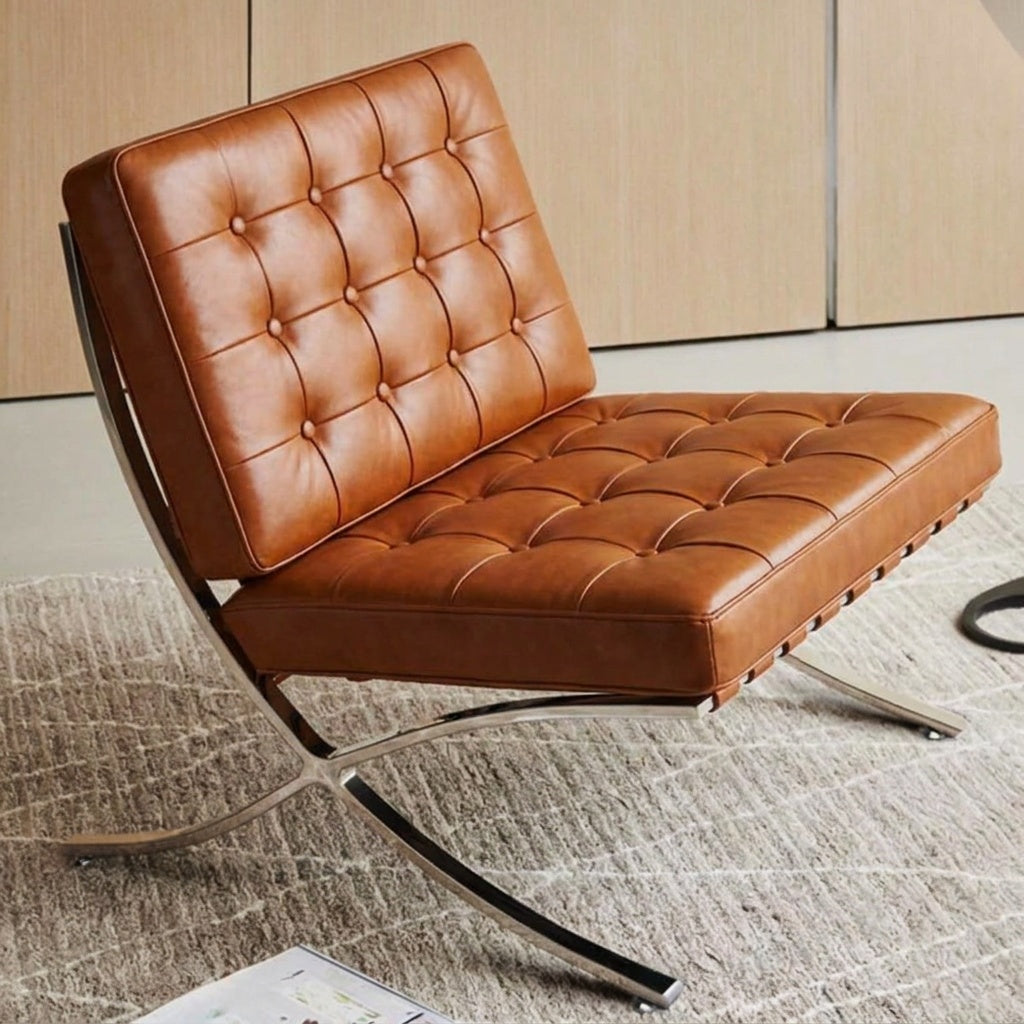 Inspired Barcelona Style Leather Lounge Chair and Ottoman — Brown Oiled Leather, Extended Seat (31.5″L)