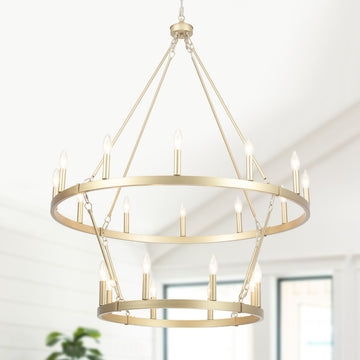 Wiam 40 in. 20 Light 2-Tiers Candle Style Dimmable Farmhouse Wagon Wheel Chandelier for Entryway Living Room Bedroom Foyer