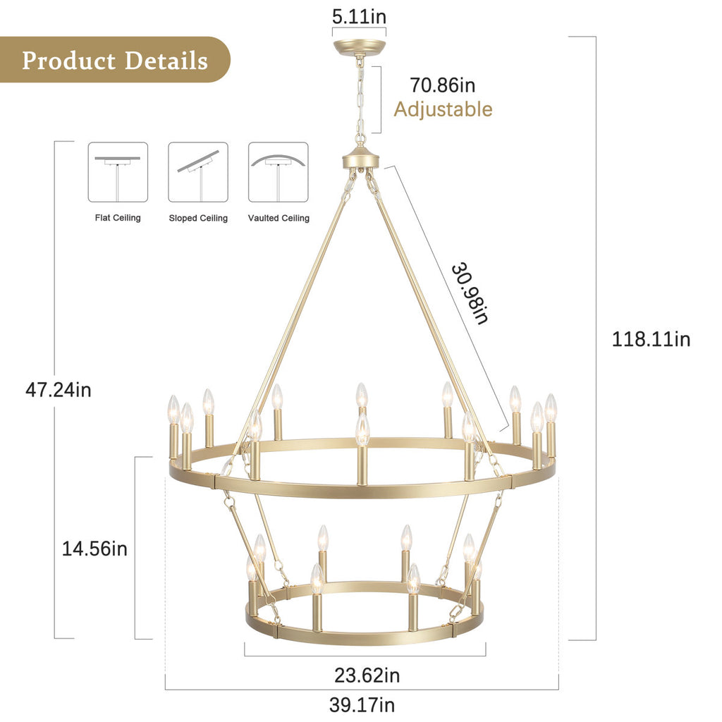 Wiam 40 in. 20 Light 2-Tiers Candle Style Dimmable Farmhouse Wagon Wheel Chandelier for Entryway Living Room Bedroom Foyer