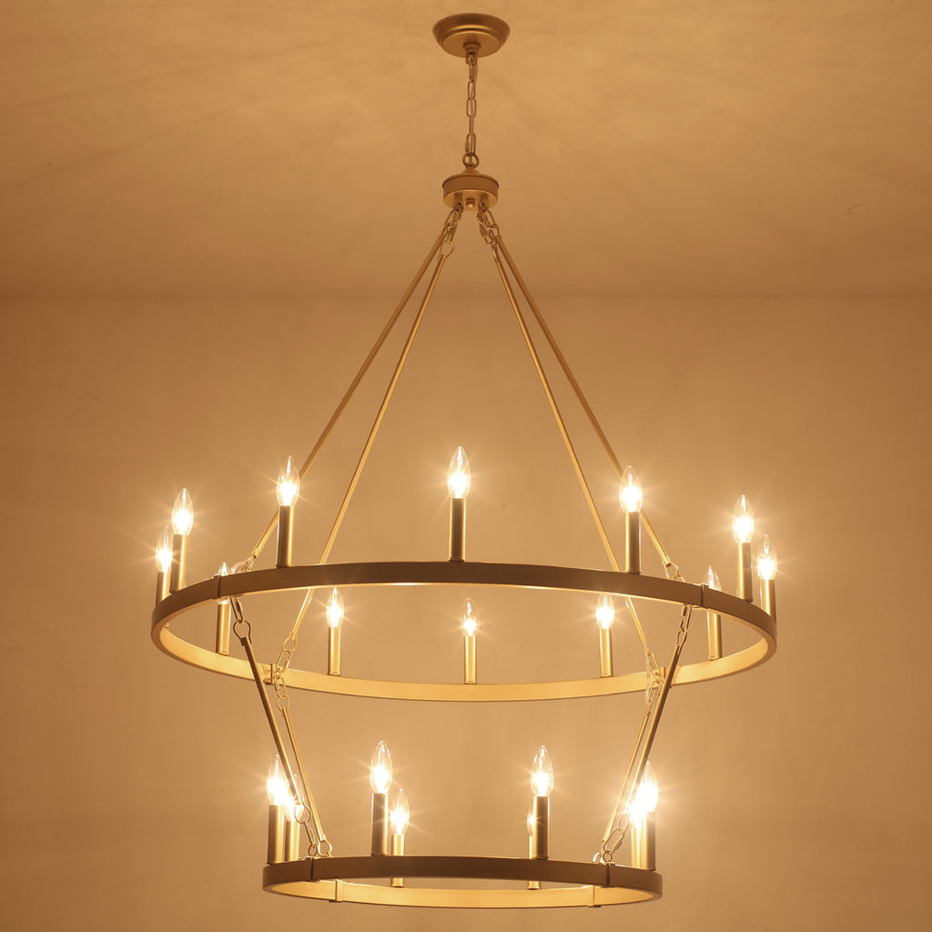 Wiam 40 in. 20 Light 2-Tiers Candle Style Dimmable Farmhouse Wagon Wheel Chandelier for Entryway Living Room Bedroom Foyer
