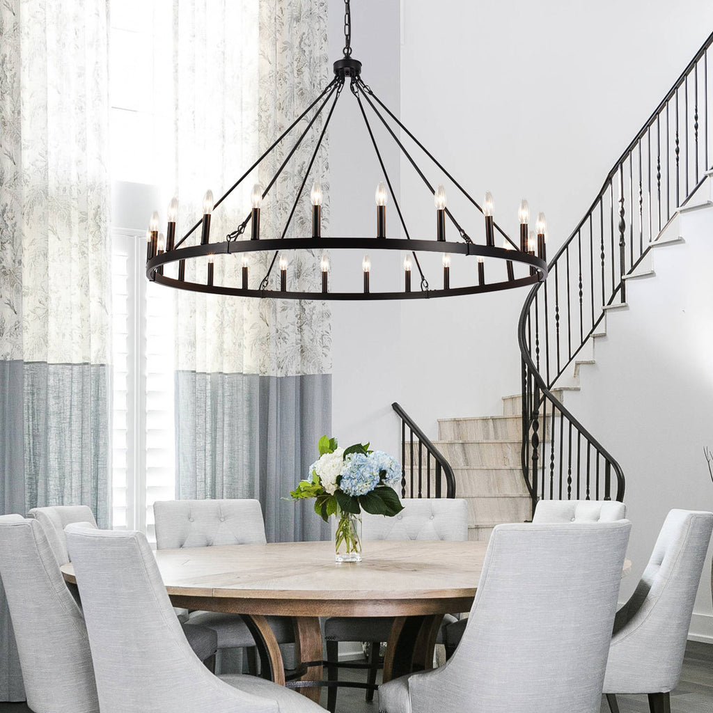 Yeraldine 24-Light Lagre Dimmable Wagon Wheel Chandelier Farmhouse Round Vintage Candle Style Light for Living Room, Foyer, Entryway