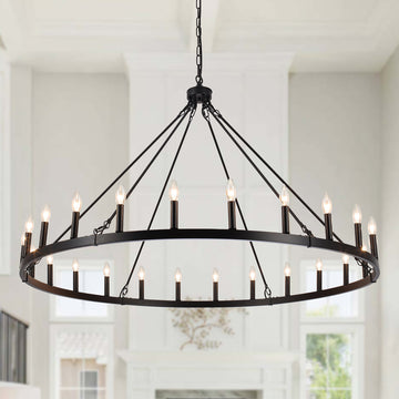 Yeraldine 24-Light Lagre Dimmable Wagon Wheel Chandelier Farmhouse Round Vintage Candle Style Light for Living Room, Foyer, Entryway