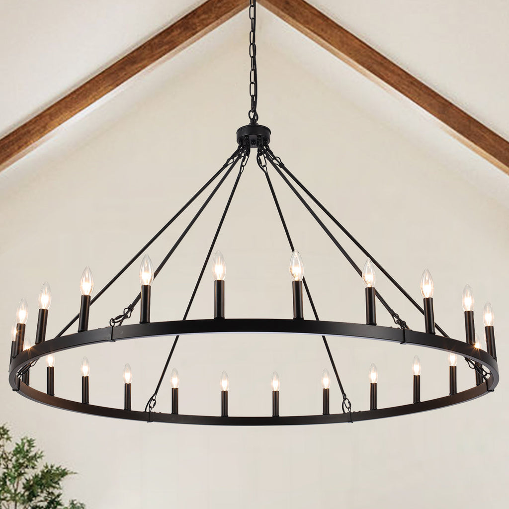 Yeraldine 24-Light Lagre Dimmable Wagon Wheel Chandelier Farmhouse Round Vintage Candle Style Light for Living Room, Foyer, Entryway