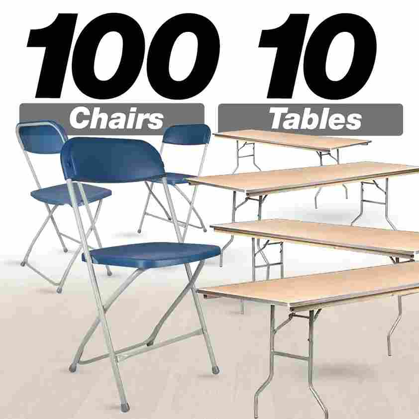 100 Pack Plastic Folding Chair and 10 96" (8 Foot) Rectangular Plywood Banquet Table