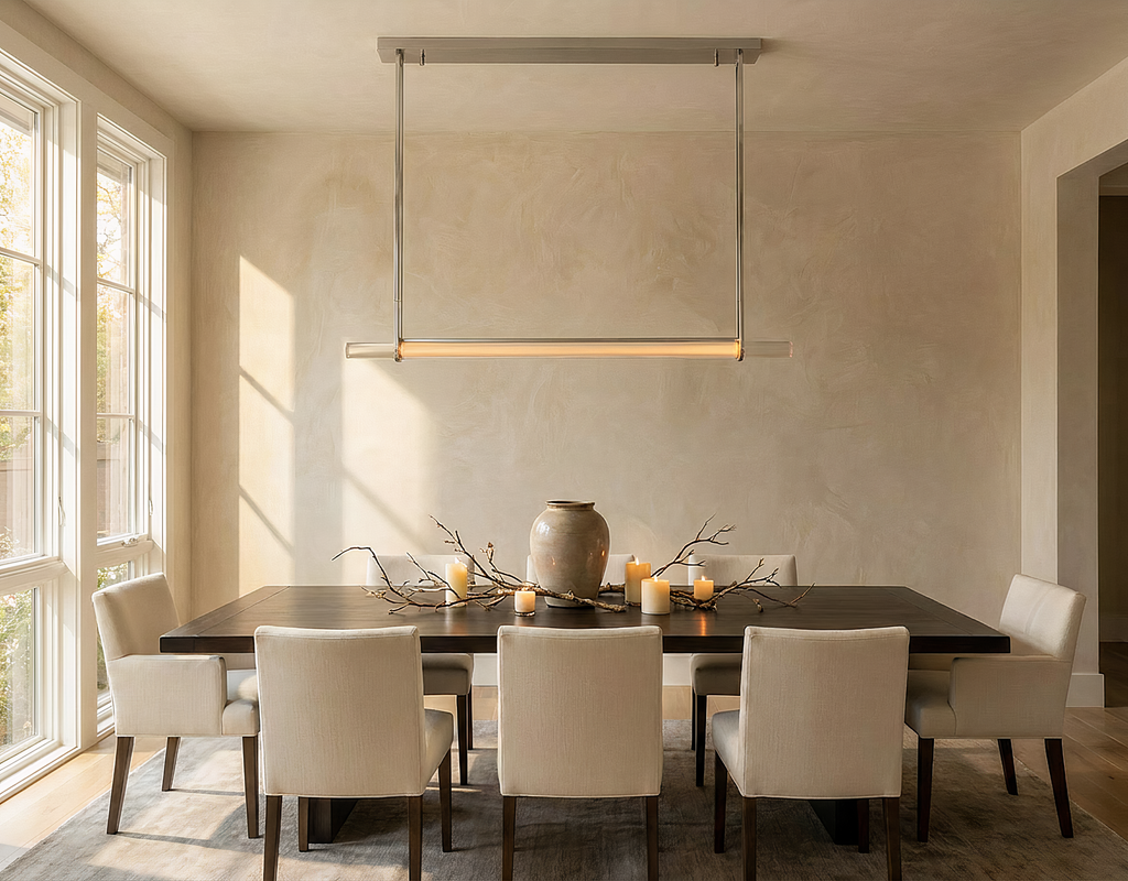 Inspired Audubon Style Crystal 1-Bar Linear Chandelier 60.5" - Stainless Steel in Elegant Room