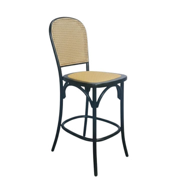Black Natural Bent Cane Wood Barstool with Natural Back and Rattan Seat