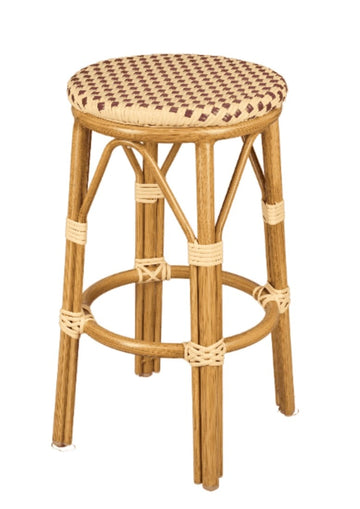 Beige on Maroon 26" Counter Height PE Rattan No Back Bistro Barstool
