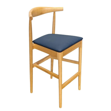 Natural Horn Wood 27.17" Standard Bar Height Bar Stool with Navy Blue Vinyl Cushion