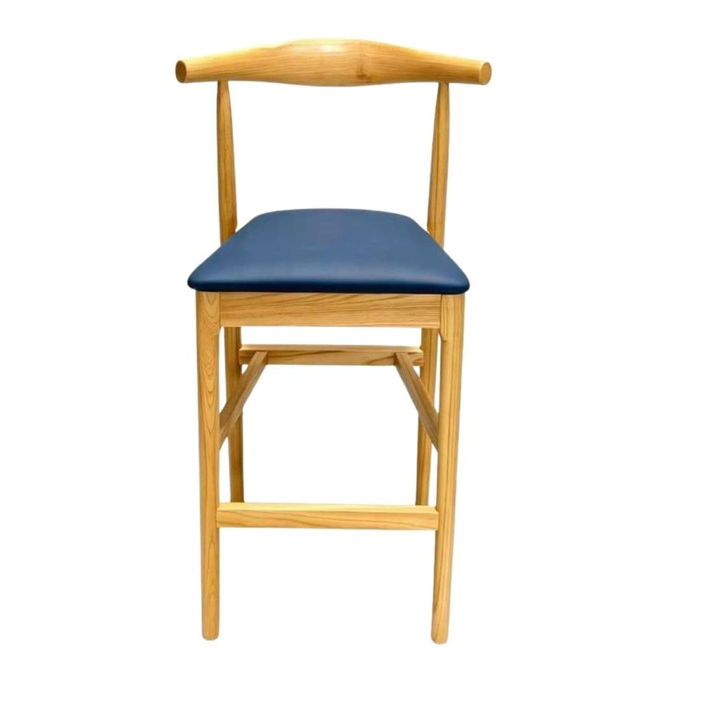 Natural Horn Wood 27.17" Standard Bar Height Bar Stool with Navy Blue Vinyl Cushion