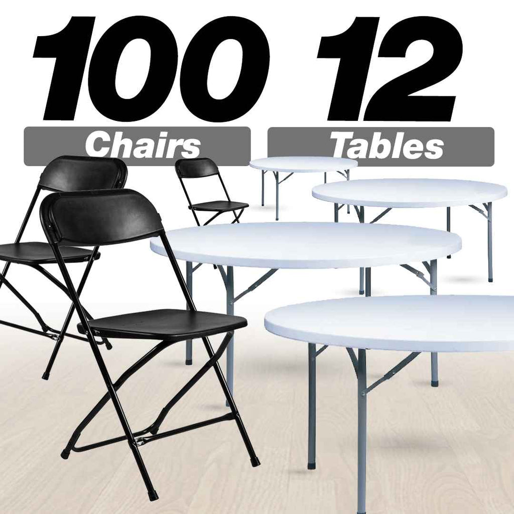 100 Pack Plastic Folding Chair and 12 60" (5 Foot) Round Plastic Folding Table