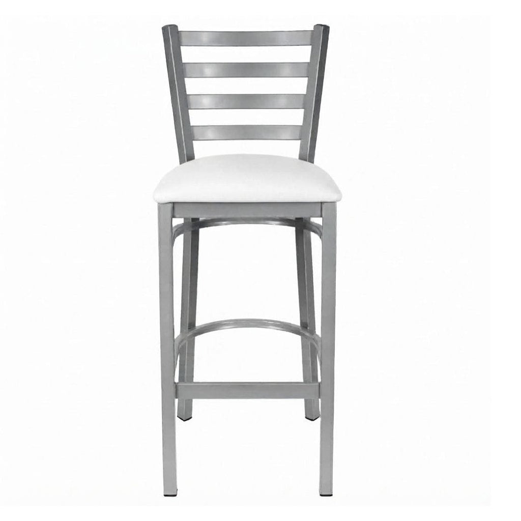 Silver Ladder Back Restaurant Bar Stool with White Vinyl Seat