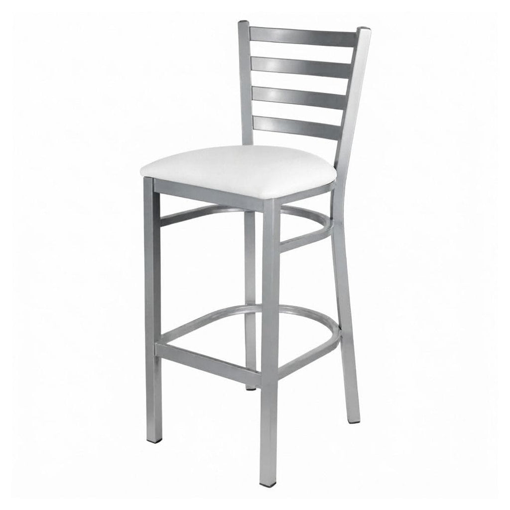 Silver Ladder Back Restaurant Bar Stool with White Vinyl Seat