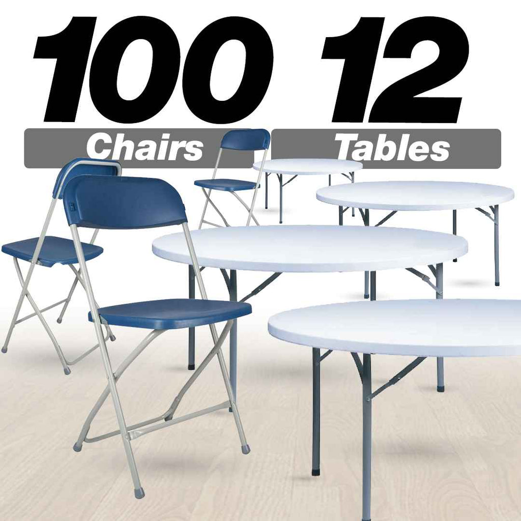 100 Pack Plastic Folding Chair and 12 60" (5 Foot) Round Plastic Folding Table