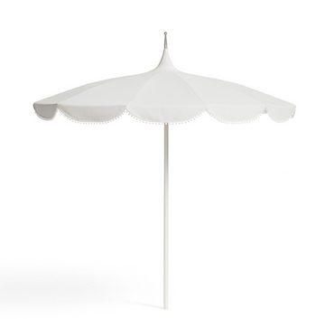 White 8.5' Pagoda Series Fabric Patio Umbrella with White Aluminum Pole and Pom Poms