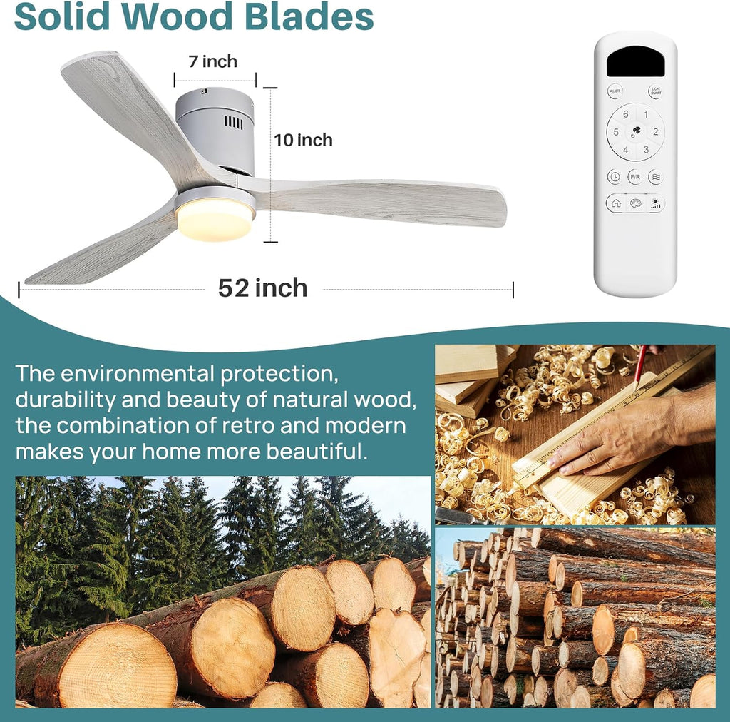 52 inch wood flush mount ceiling fan with dimmable LED light and remote, grey washed blades