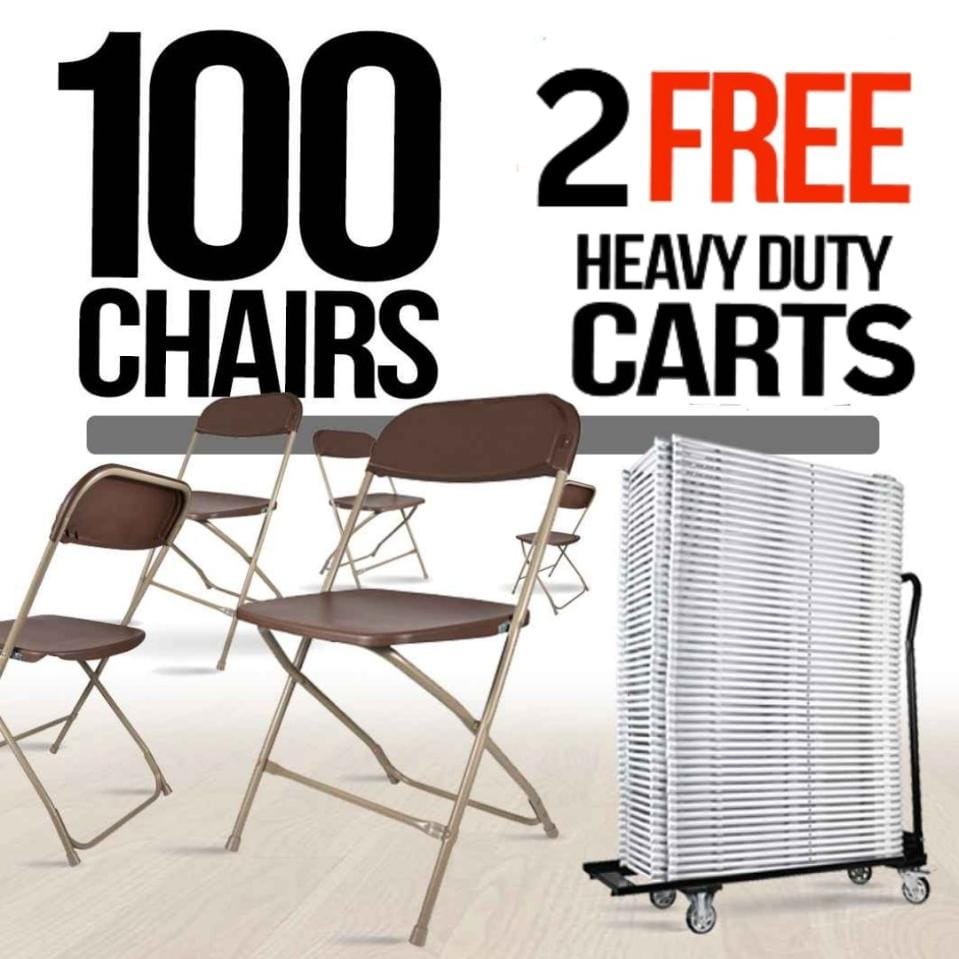 100 Plastic Folding Chair Bundle with 2 Heavy Duty Carts and Safety Straps