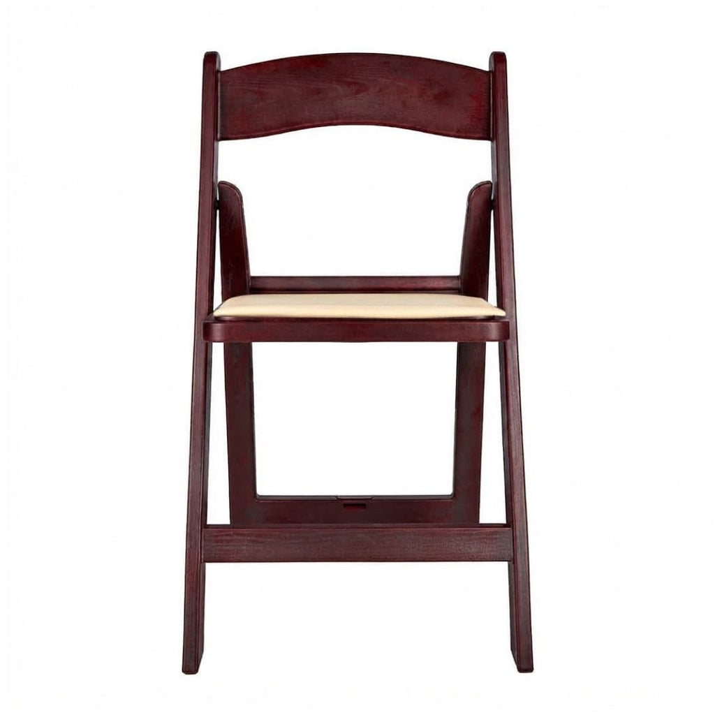 Mahogany Resin Wood-Grain Folding Chair with Tan Cushion