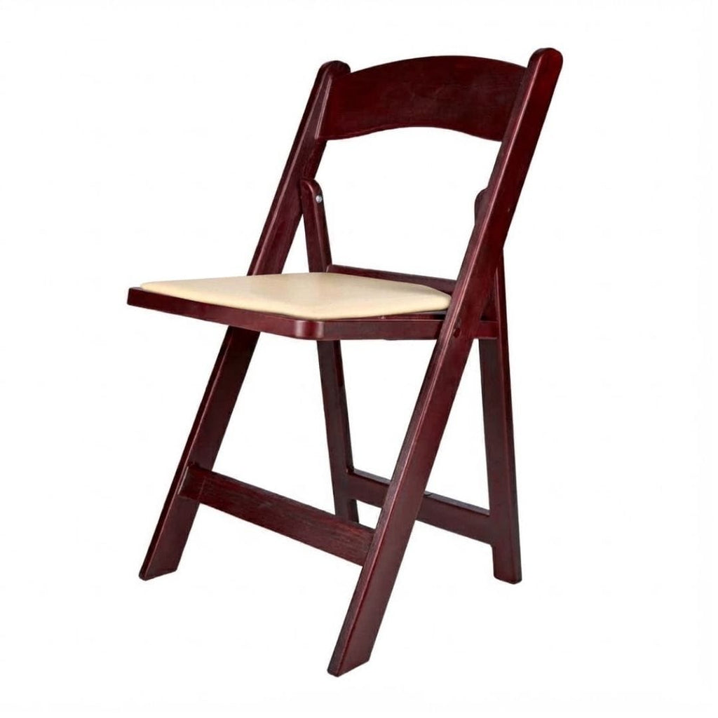 Mahogany Resin Wood-Grain Folding Chair with Tan Cushion