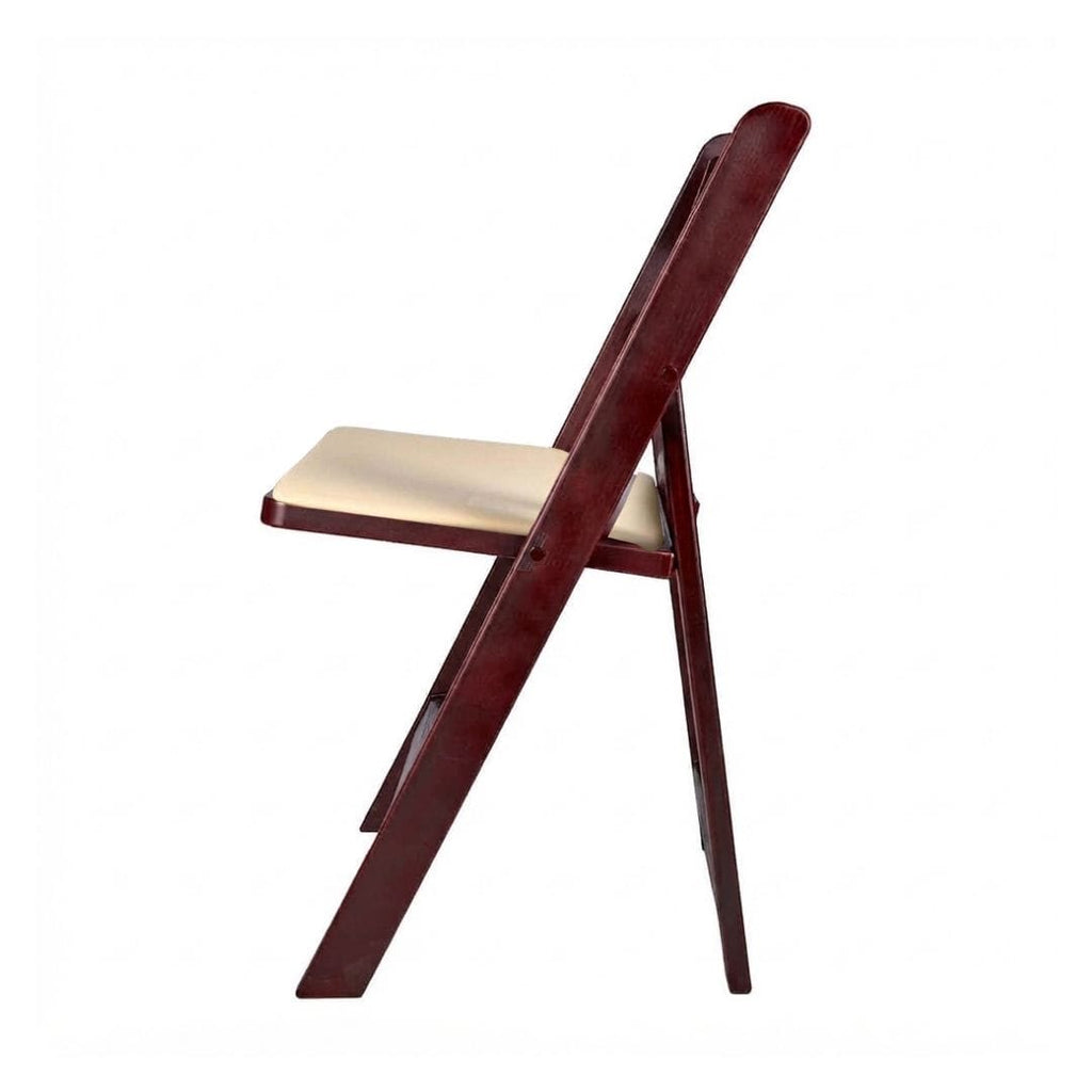 Mahogany Resin Wood-Grain Folding Chair with Tan Cushion
