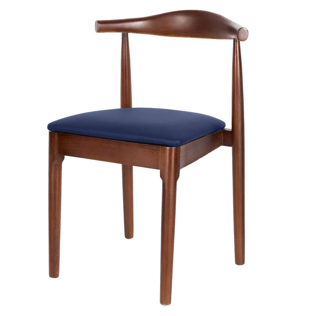 Walnut Finish Wood Horn Chair with Navy Blue Vinyl Cushion