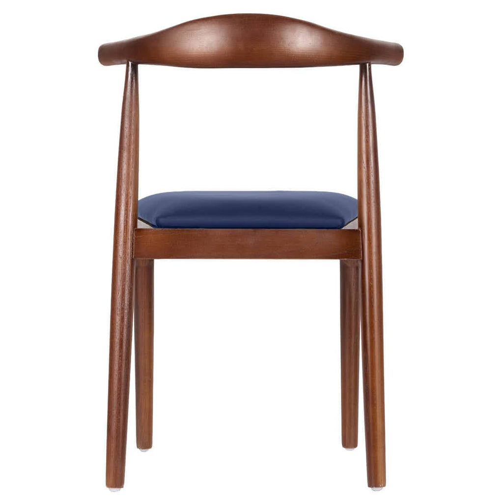 Walnut Finish Wood Horn Chair with Navy Blue Vinyl Cushion