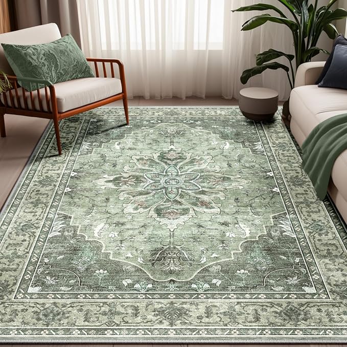 Area Rugs Washable Non-Slip, Floral Vintage Distress Print Pattern Medallion Carpet for Living Room Bedroom