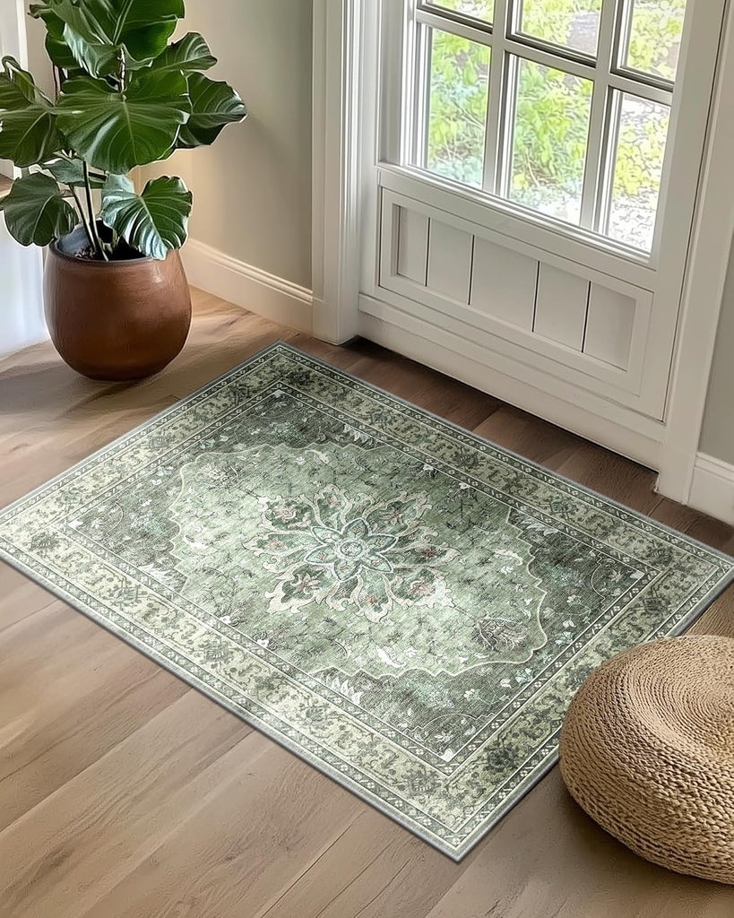 Area Rugs Washable Non-Slip, Floral Vintage Distress Print Pattern Medallion Carpet for Living Room Bedroom