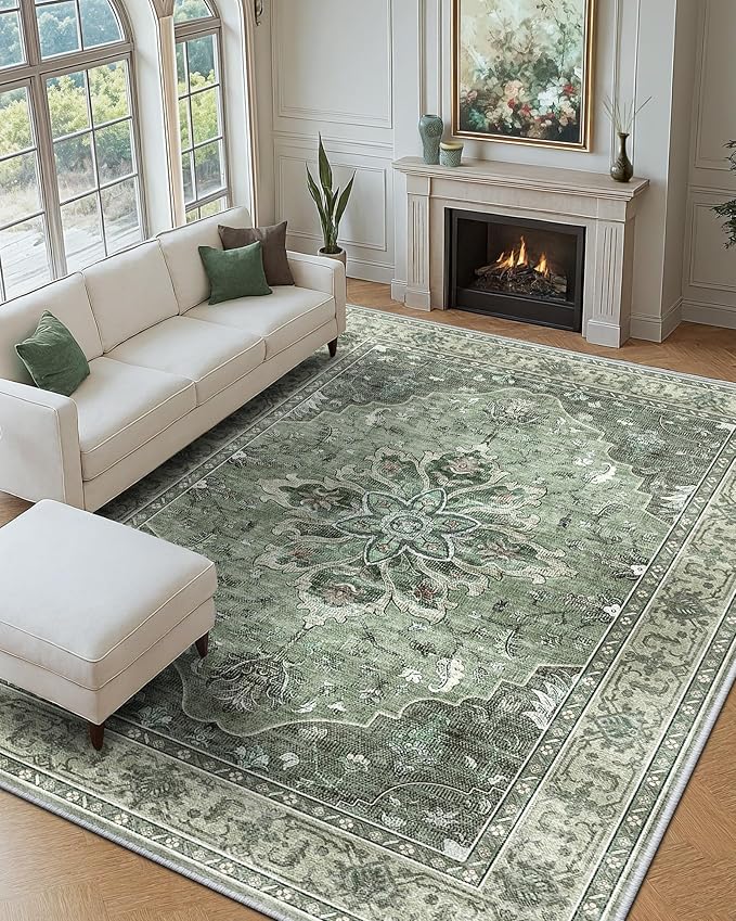 Area Rugs Washable Non-Slip, Floral Vintage Distress Print Pattern Medallion Carpet for Living Room Bedroom