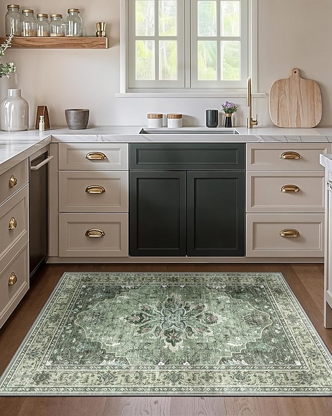 Area Rugs Washable Non-Slip, Floral Vintage Distress Print Pattern Medallion Carpet for Living Room Bedroom