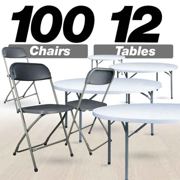 100 Pack Plastic Folding Chair and 12 60" (5 Foot) Round Plastic Folding Table