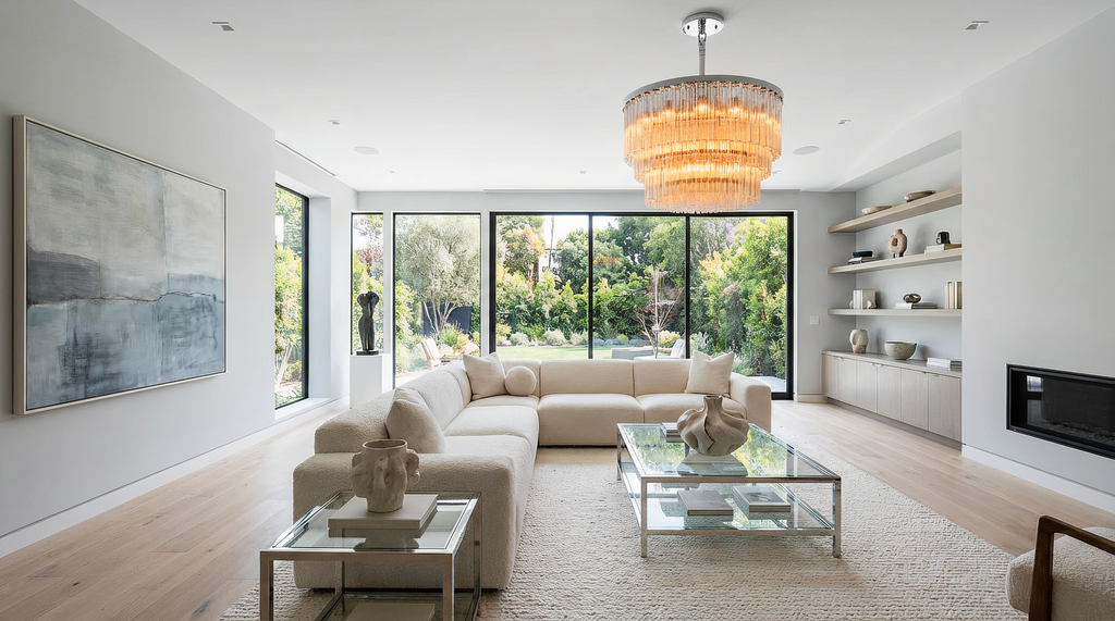 Inspired Cielo Style Three-Tier 48 Inch Round Chandelier Stainless Steel Finish - Room Scene