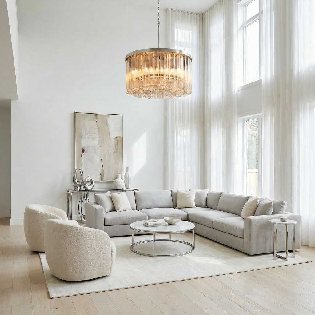 Inspired Cielo Style 36 Inch Round Chandelier Stainless Steel Finish - Living Room Scene