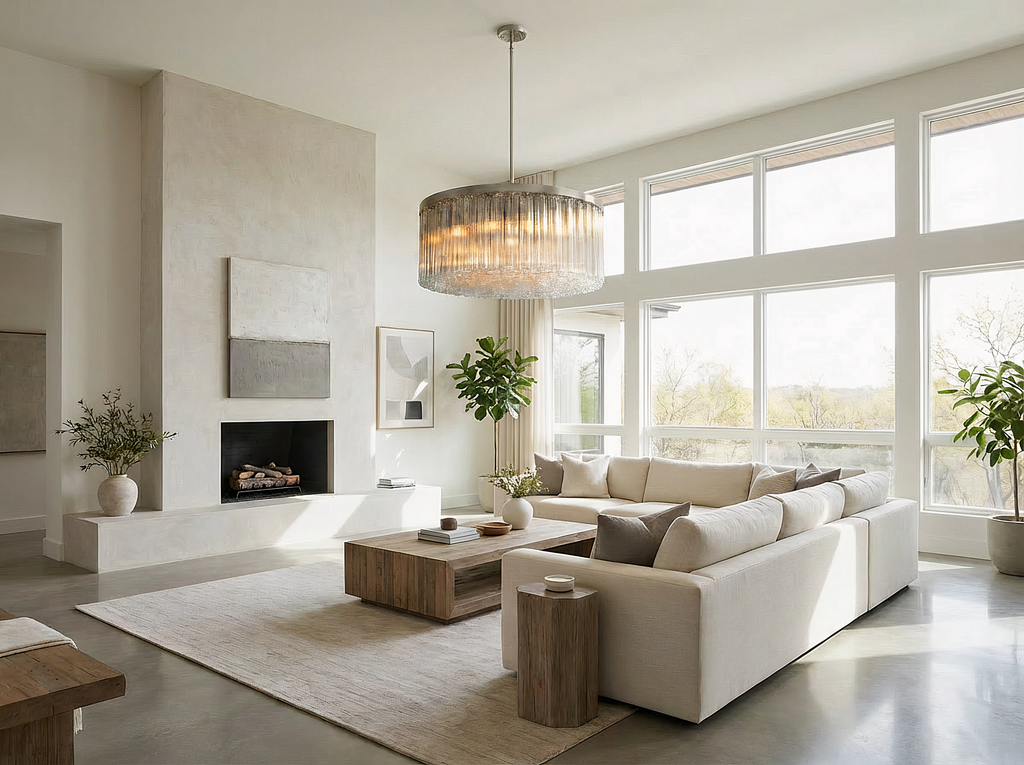 Inspired Cielo Style 48 Inch Round Chandelier Stainless Steel Finish - Living Room Scene
