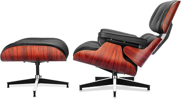 Inspired Eames Style Lounge Chair and Ottoman — Black Top-Grain Leather, Rosewood Base, Upgraded Tall (37″D)