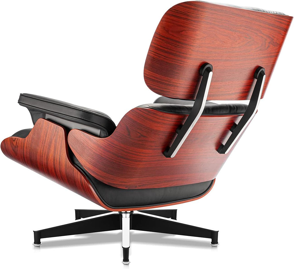 Inspired Eames Style Lounge Chair and Ottoman — Black Top-Grain Leather, Rosewood Base, Upgraded Tall (37″D)